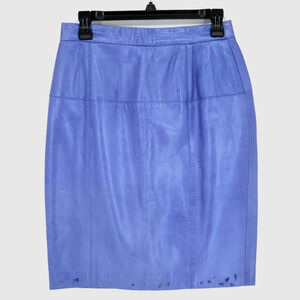 Laurel Escada Skirt Womens 10 US Blue Leather Zip Lined Tiny Waist FLAW Stains